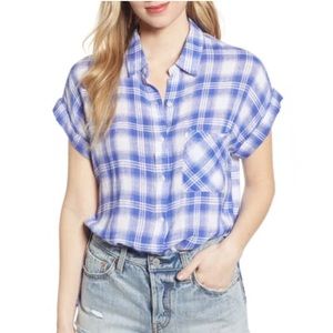 Rails Linen Whitney Plaid Blue White Cap Sleeve Button Collared Shirt